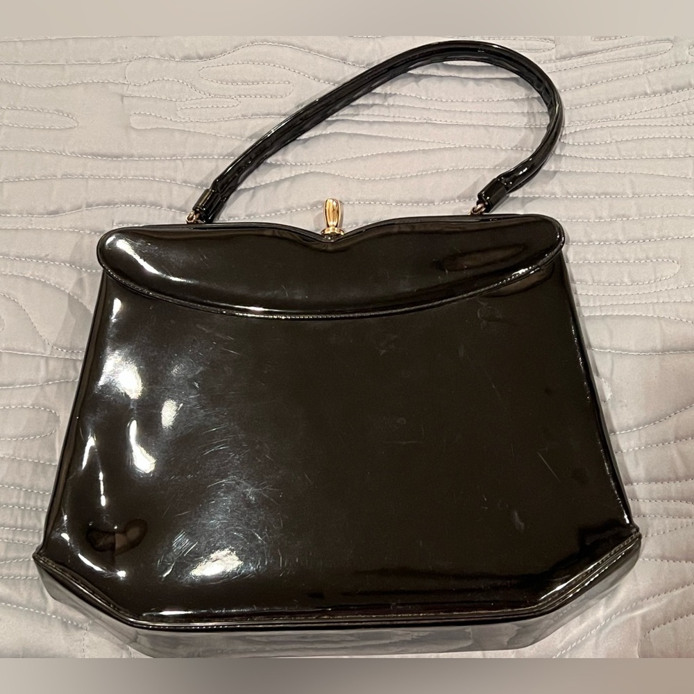 Vintage Crown Lewis Black Patent Handbag Retro 1950s 1960s Top Handle Purse MCM